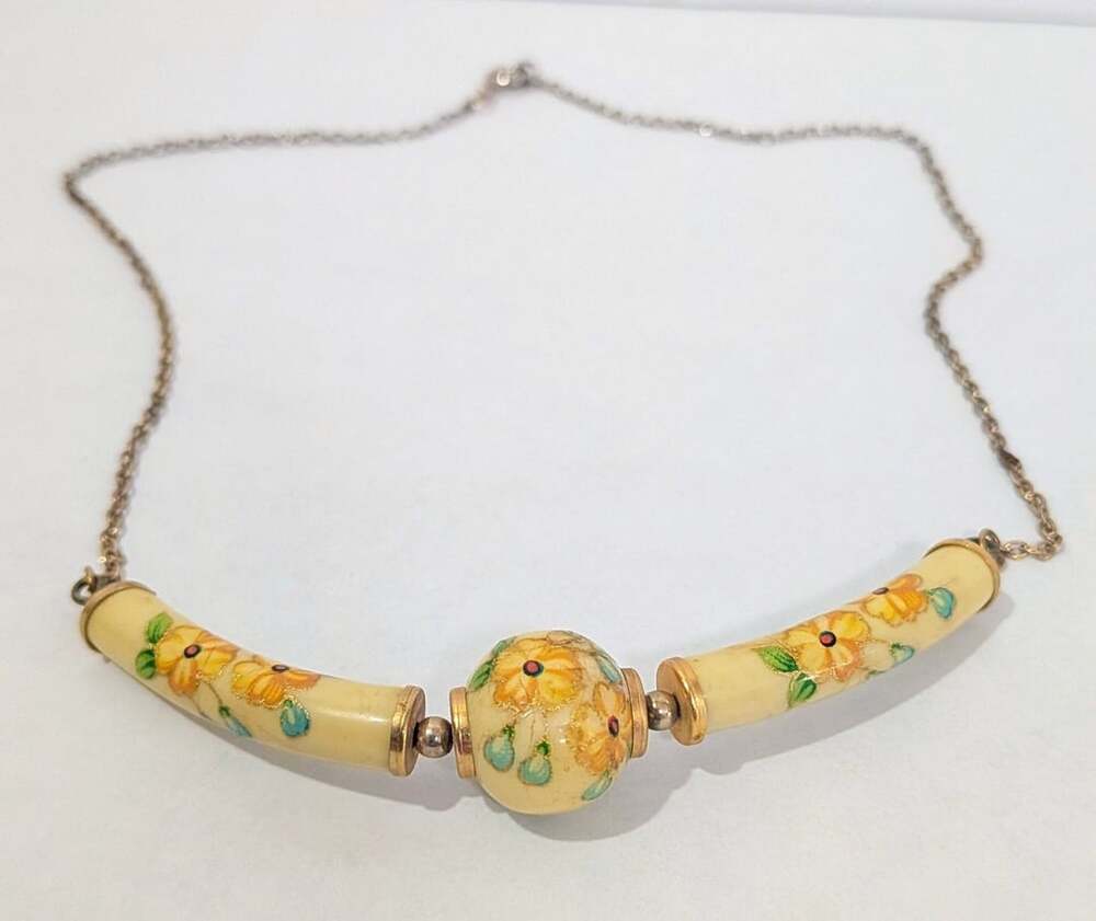 Vintage 60s/70s Floral Porcelain Bib Choker Necklace Japan Yellow Orange As Is